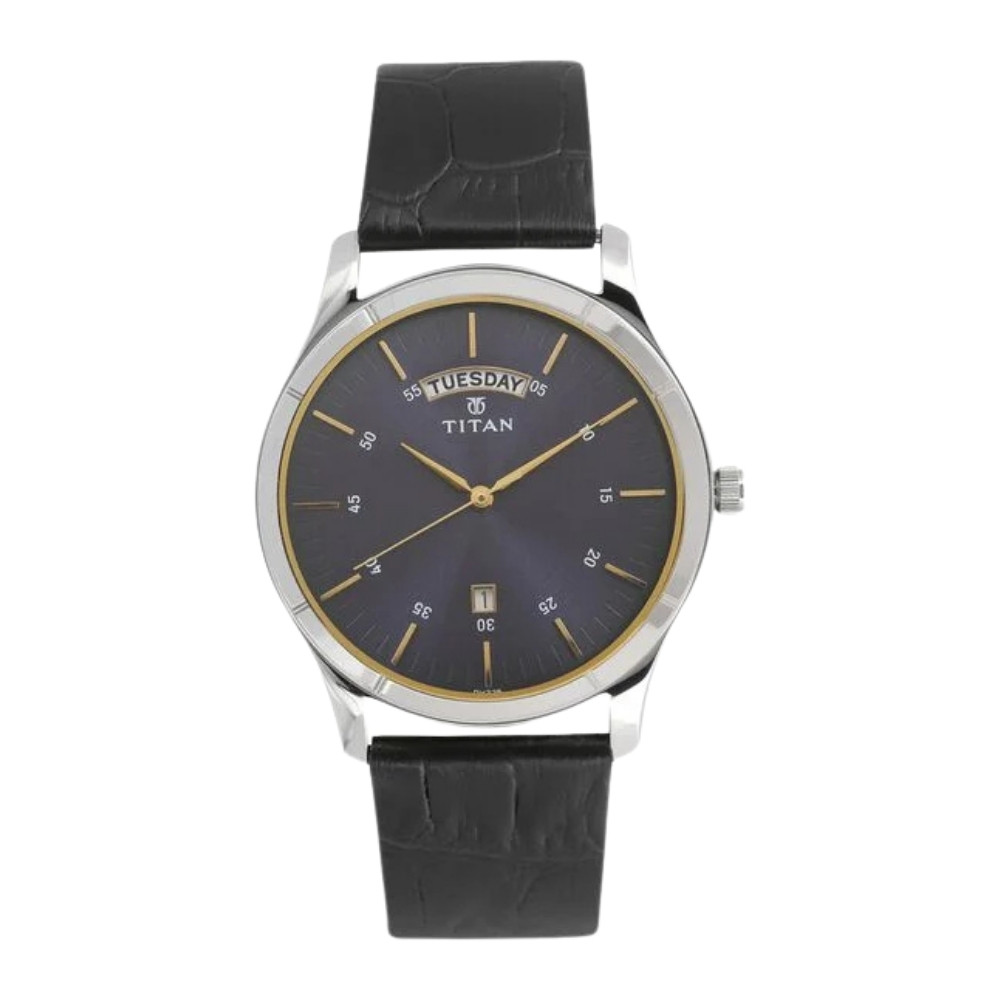 Titan Workwear Blue Dial Analog with Day and Date Leather Strap watch for Men (1767SL03)