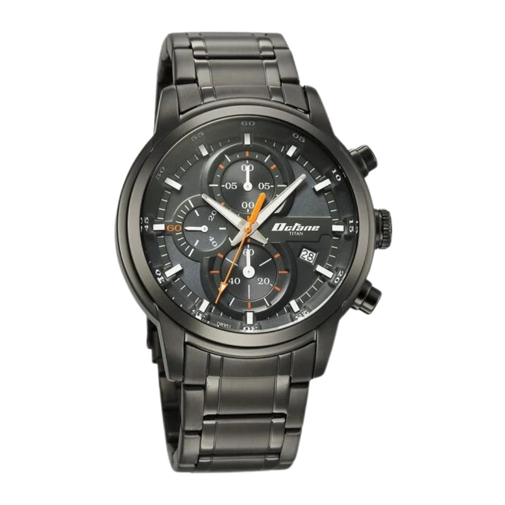 Titan Octane Primal Quartz Chronograph Grey Dial Grey Stainless Steel Strap Watch For Men (90086QM01)