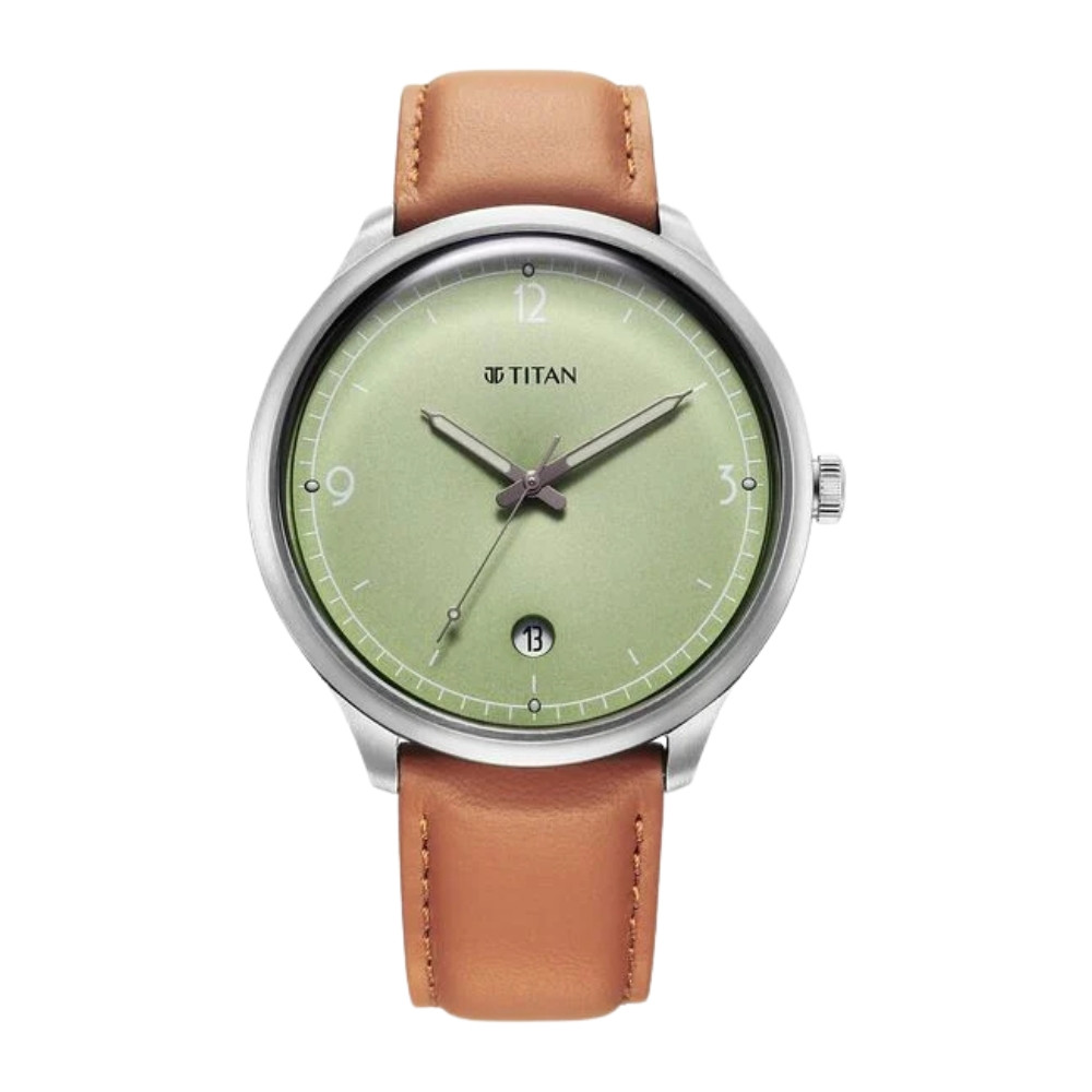 Titan Timeless Treasures Quartz Analog with Date Green Dial With Brown Color Leather Strap Watch For Men 10023SL01