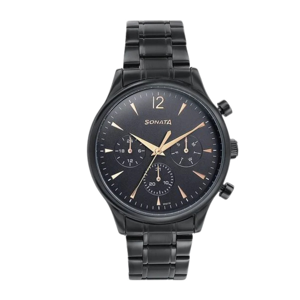 Sonata Quartz Multifunction Black Dial Black Stainless Steel Strap Watch For Men 77146NM01