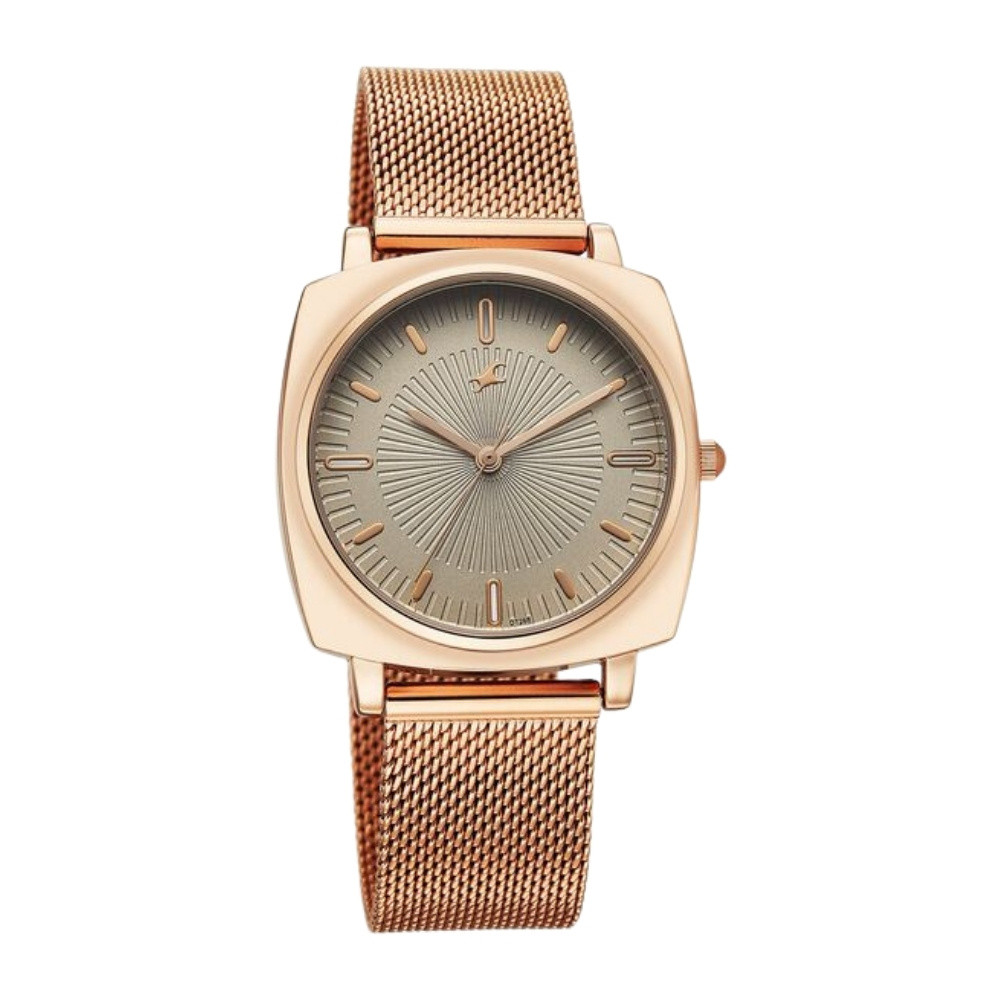 Fastrack Stunners Quartz Analog Green Dial Rose Gold Stainless Steel Strap Watch For Girls 68043WM03