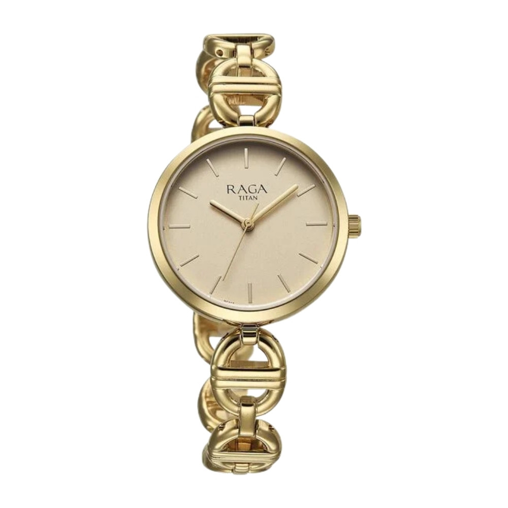 Titan Raga Showstopper Quartz Analog Champagne Dial Metal Strap Watch For Women (95353YM01)