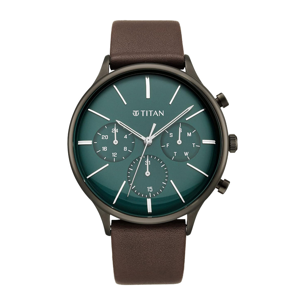 Titan Quartz Multifunction Green Dial Leather Strap Watch for Men NR90134QL01