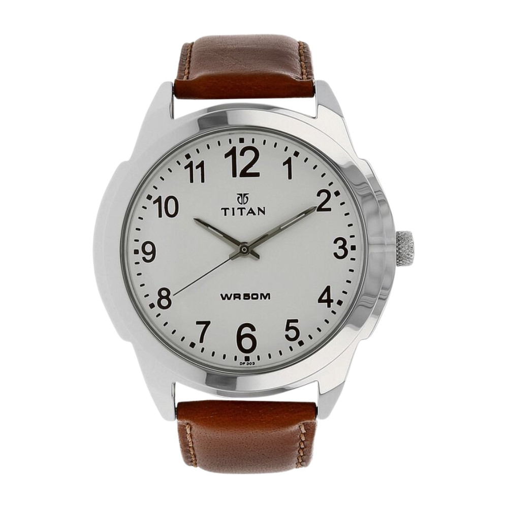 Titan Quartz Analog White Dial Leather Strap Watch for Men NS1585SL07