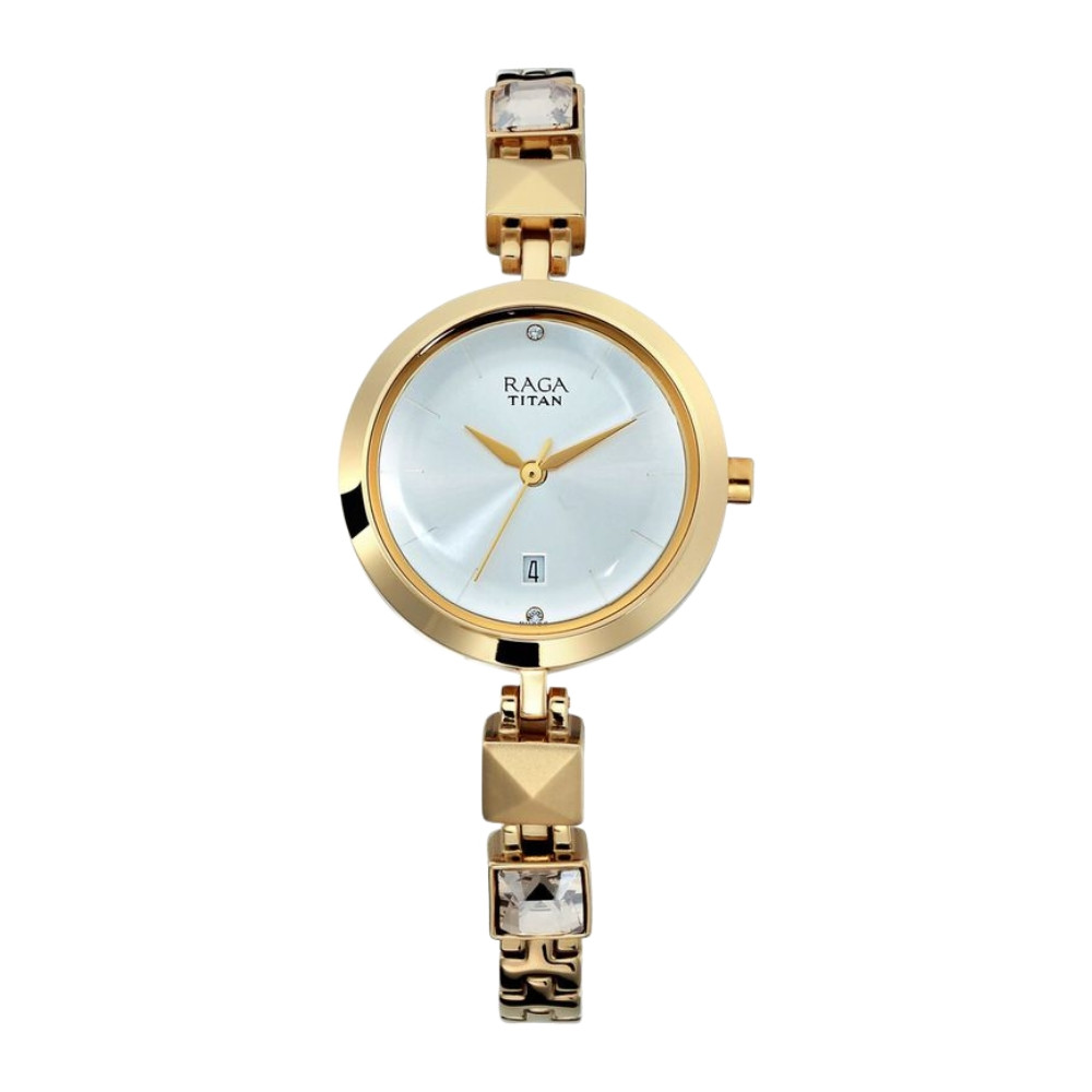Titan Raga Viva Silver Dial Analog with Date Golden Metal Strap watch for Women NR2606YM01