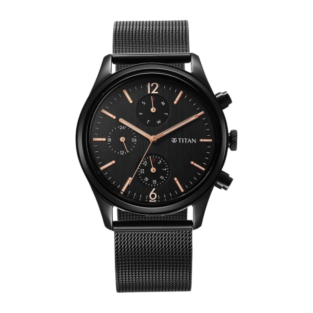 Titan Neo Black & Gold Quartz Analog with Day and Date Black Dial Stainless Steel Strap Watch for Men 1805NM05