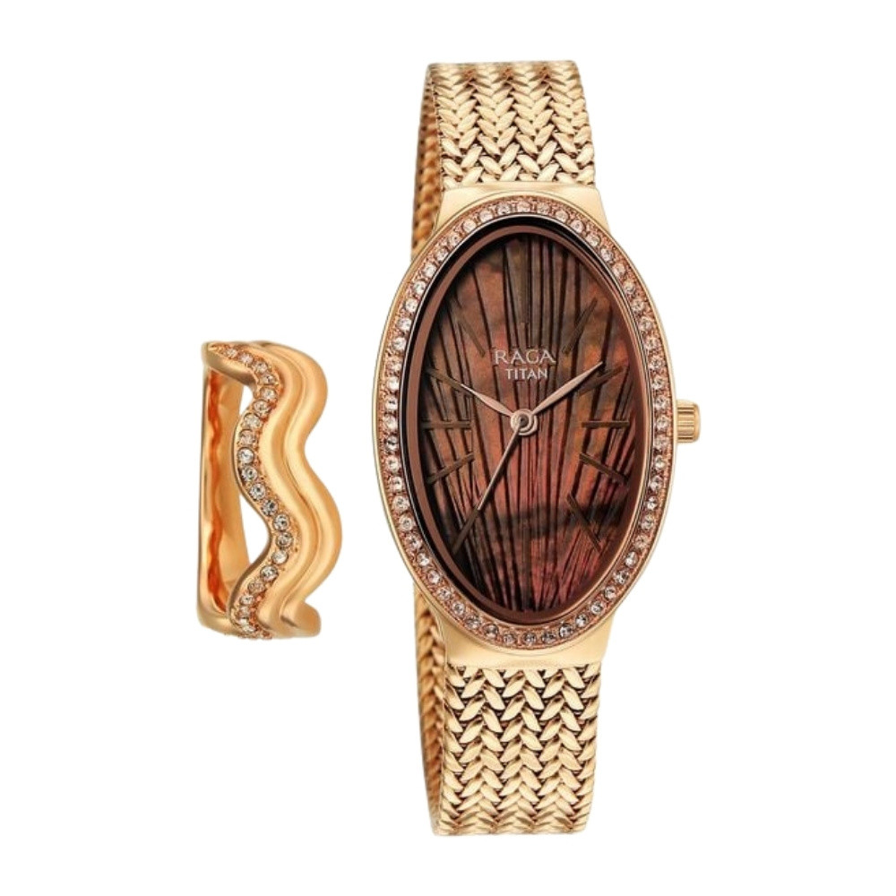 Titan Raga Glimmers Quartz Analog Brown Mother Of Pearl Dial Rose Gold Metal Strap Watch For Women 95338WM01F