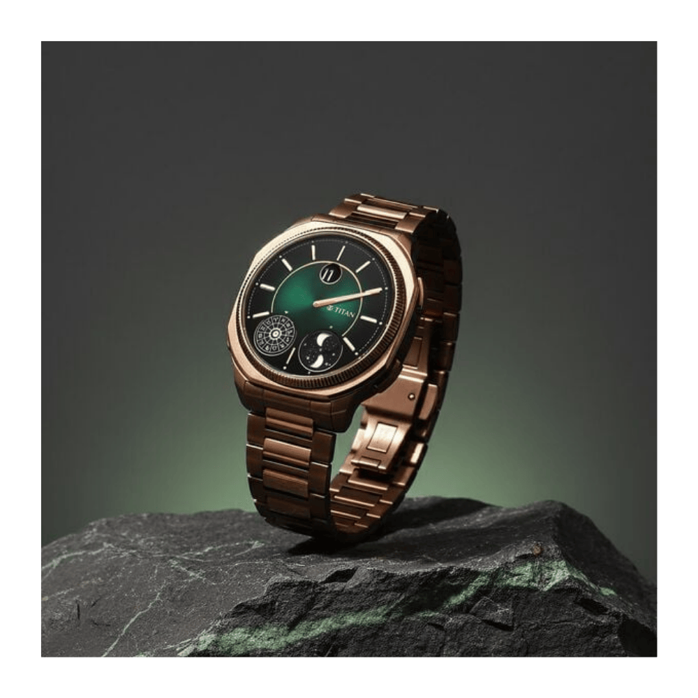 Titan Stellar Jumping Hour Micromotors Zodiac Analog with Dual Moonphase and Green Dial IP Bronze Stainless Steel Watch for Men 10053QM01