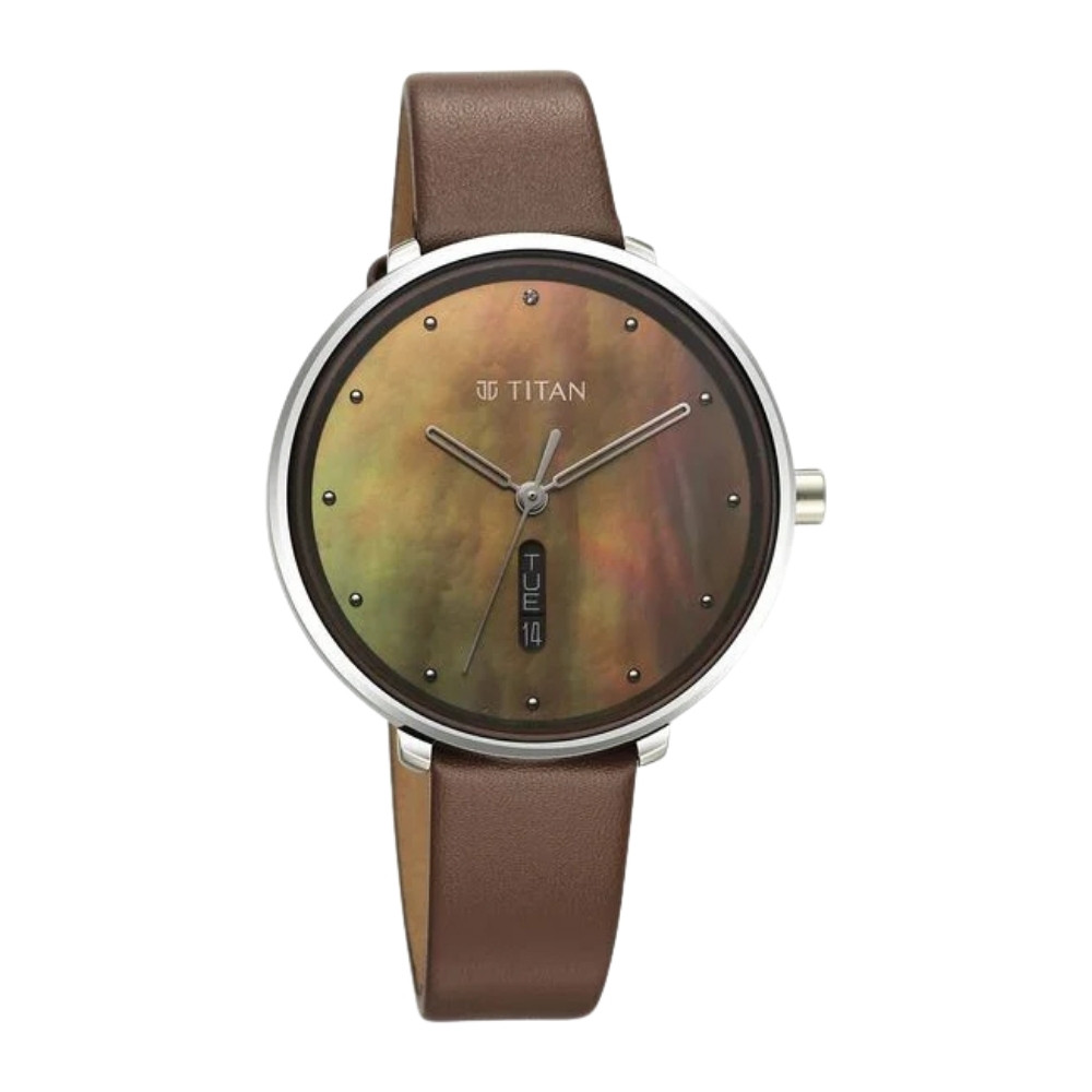 Titan Neo Analog with Day and Date Mother Of Pearl Dial Brown Color Leather Strap Watch For Women 2763SL01