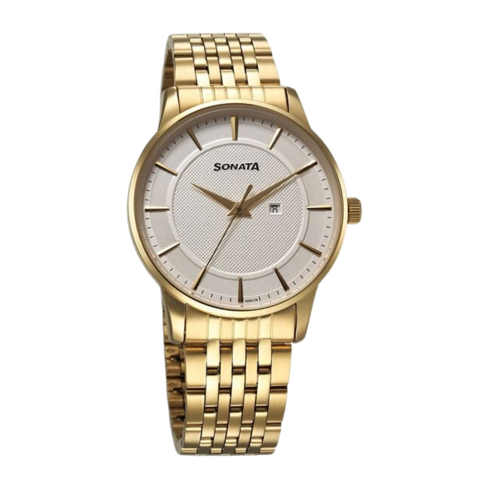 Sonata Wedding Quartz Analog Off White Dial Stainless Steel Strap Watch For Men 77153YM01