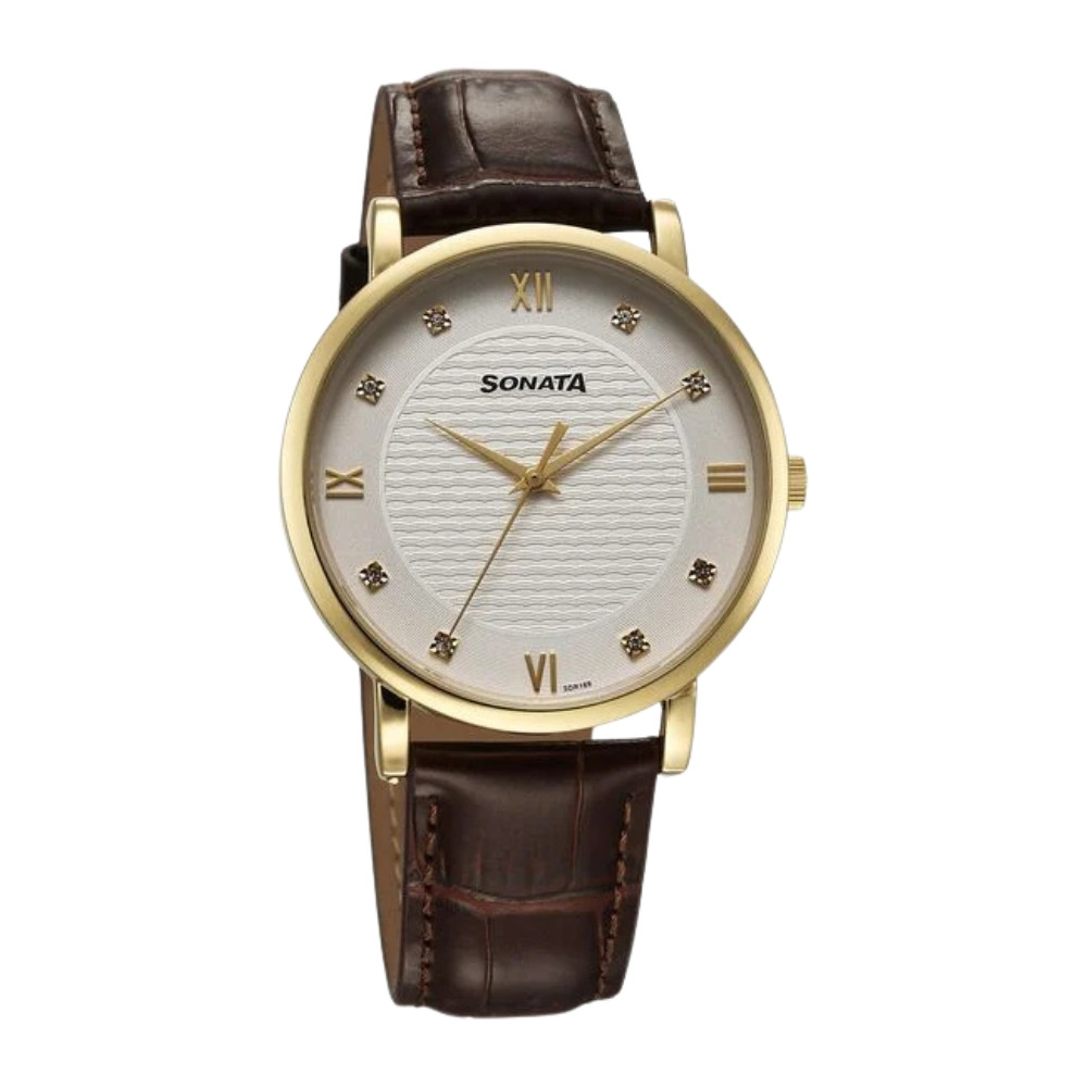 Sonata Wedding Quartz Analog Off White Dial Leather Strap Watch For Men 77155YL01