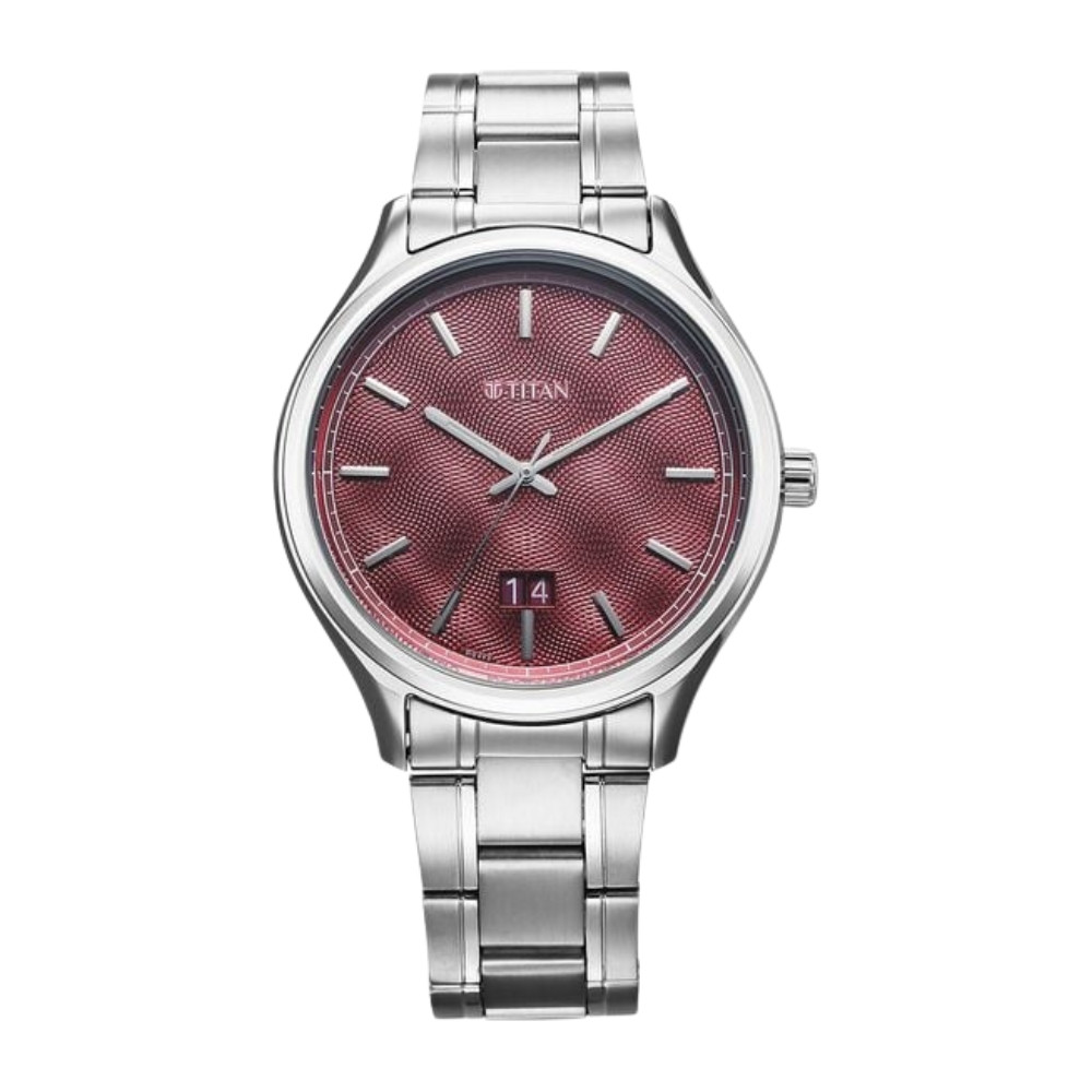 Titan Palette Of Time Quartz Analog with Date Maroon Dial Stainless Steel Strap Watch For Men 10033SM02