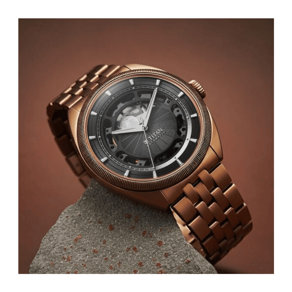 Titan Stellar Cupola Automatic Analog with Sun Moon Phase and Gray Dial IP Bronze Stainless Steel Strap Watch for Men 10011QM01