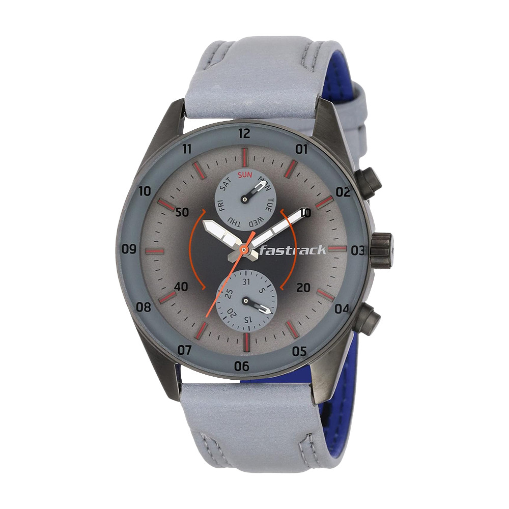Fastrack Space Rover Quartz Multifunction Grey Dial Leather Strap Watch for Guys NP3201QL01