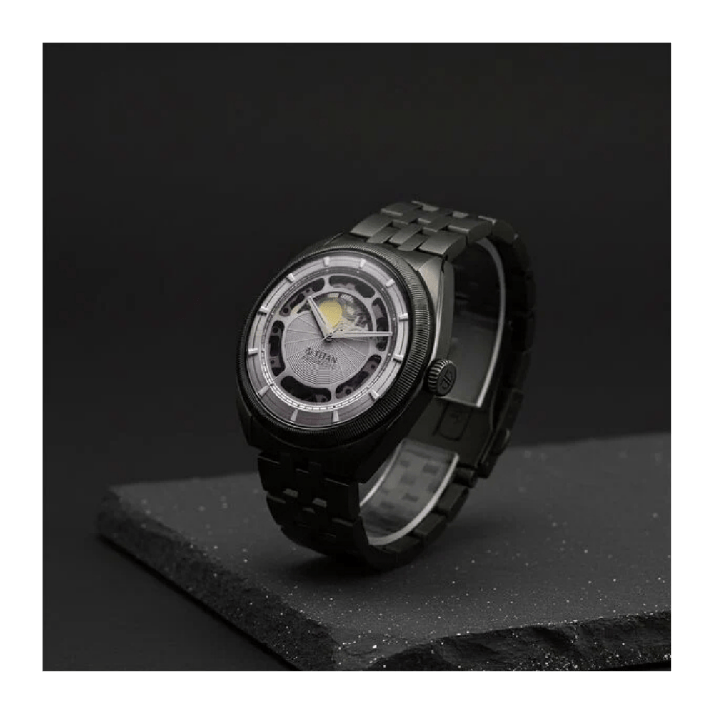 Titan Stellar Cupola Automatic Analog with Sun Moon Phase and Silver Dial Dark Gun Stainless Steel Strap Watch for Men 10011QM02