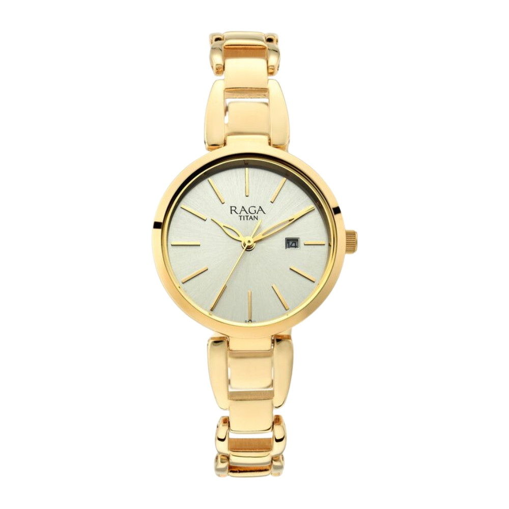 Titan Raga Viva Golden Dial Analog with Date Metal Strap Watch for Women NR2642YM01