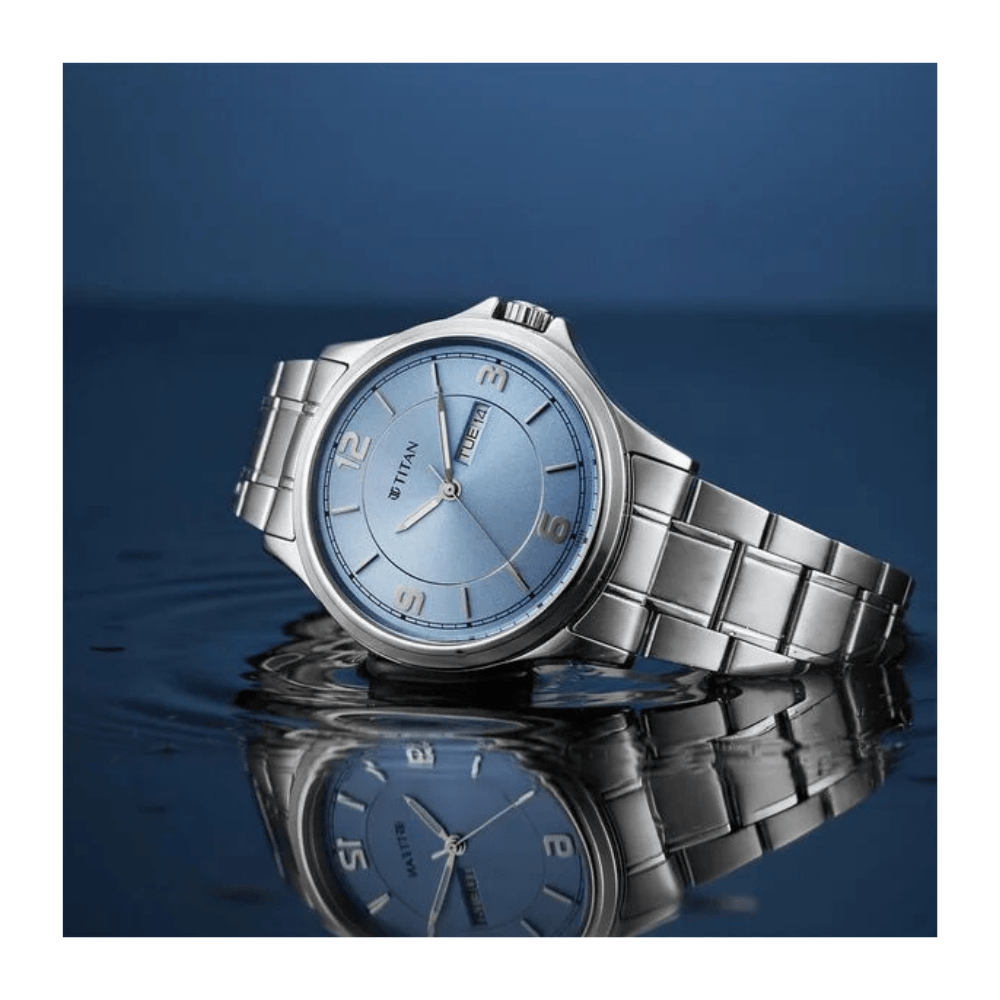 Titan Neo Arabic Analog with Day Date Ice Blue Dial Silver Stainless Steel Strap Watch for Men 1870SM07