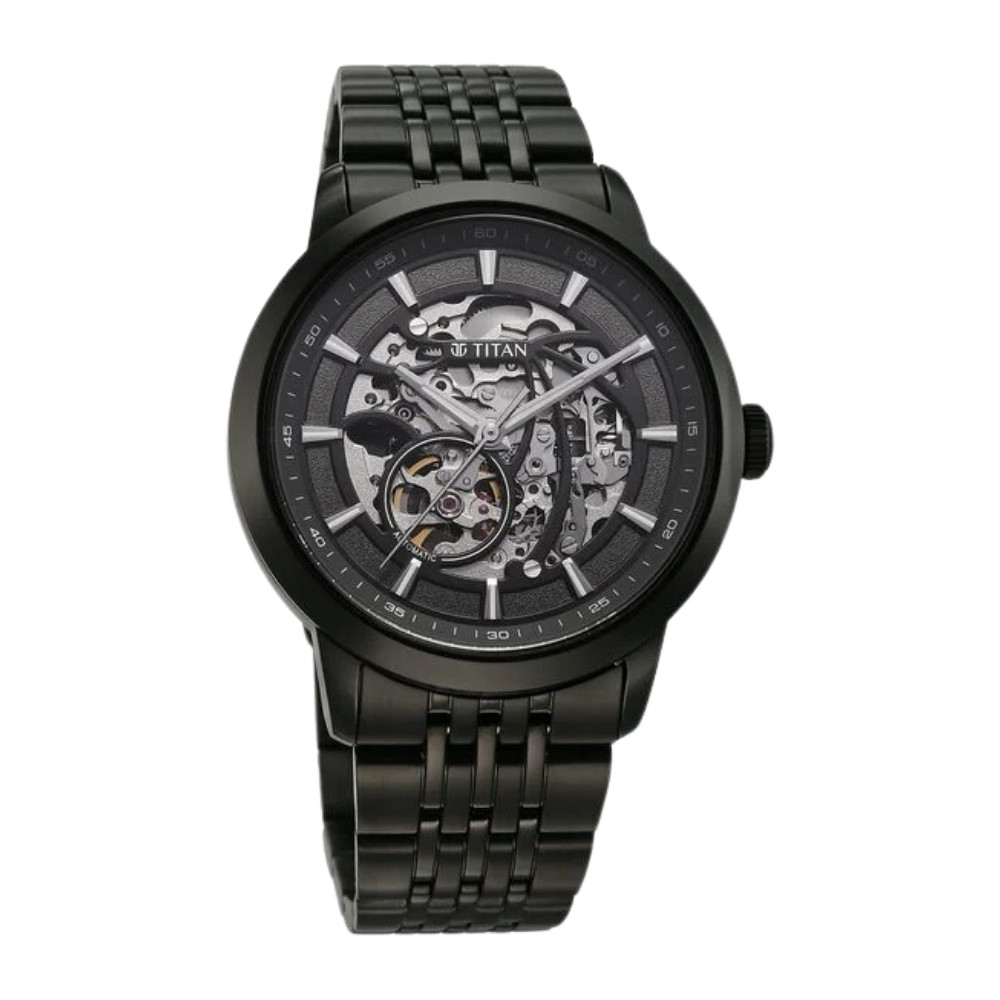 Titan Phoenix Skeletal Automatic Analog with Gun Dial Black Stainless Steel Strap Watch for Men (90223NM01)