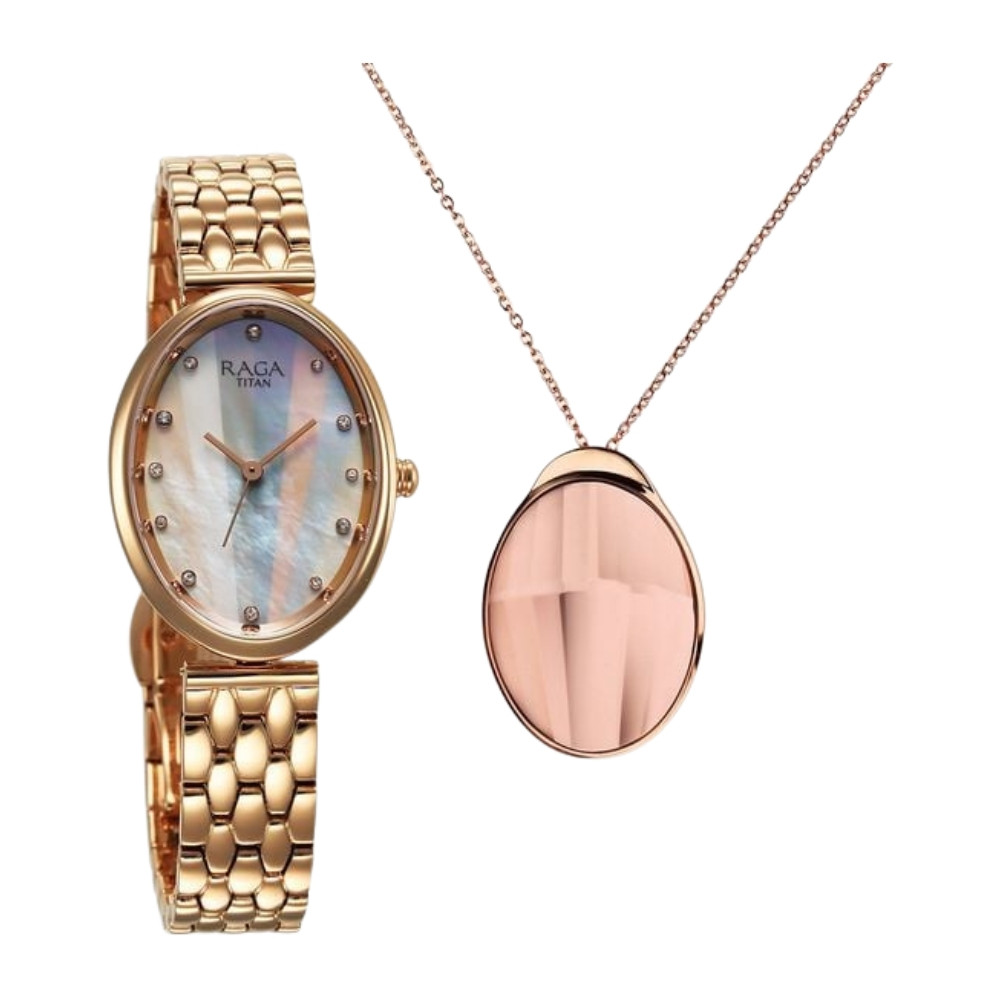 Titan Raga Memoirs Quartz Analog Mother Of Pearl Dial With Rose Gold Metal Strap Watch For Women 95258WM01F