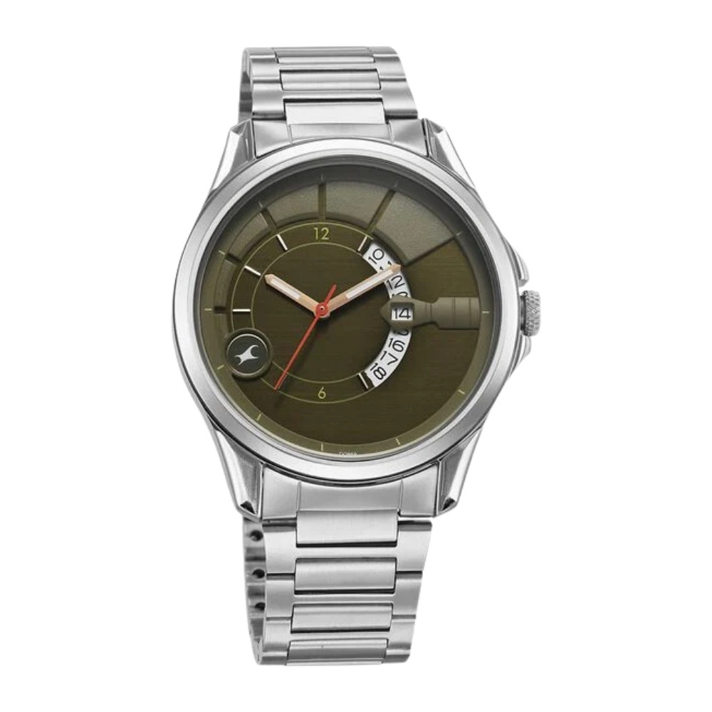 Fastrack Groove Quartz Analog with Date Green Dial Silver Stainless Steel Strap Watch For Guys (3323SM01)