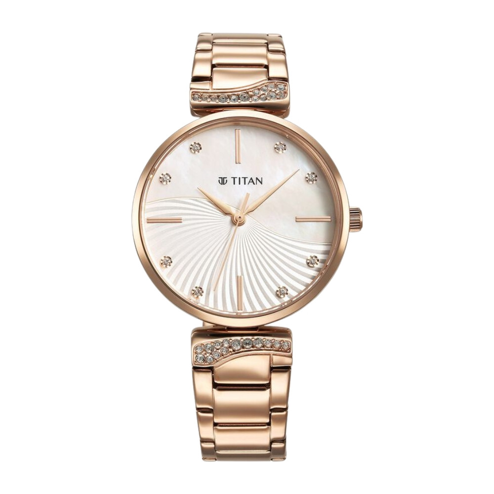 Titan Purple Style Up Quartz Analog Mother Of Pearl Dial Stainless Steel Strap Watch for Women 95237WM01