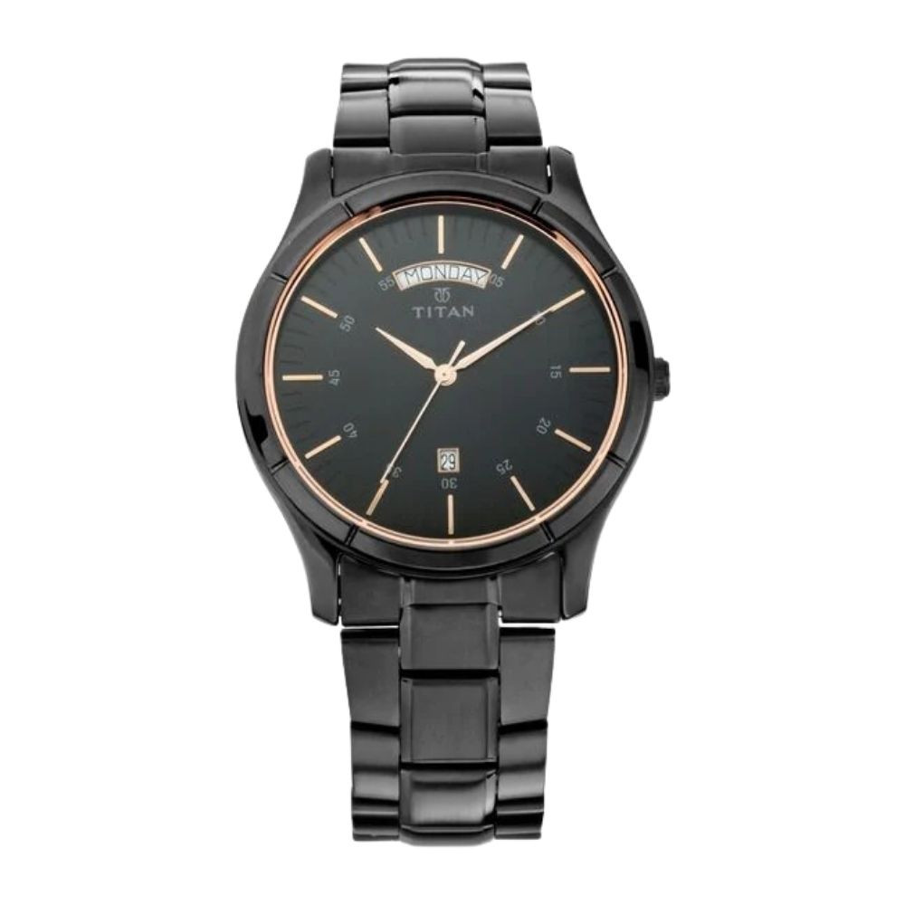 Titan Quartz Analog with Day and Date Black Dial Black Stainless Steel Strap Watch For Men (1767NM01)