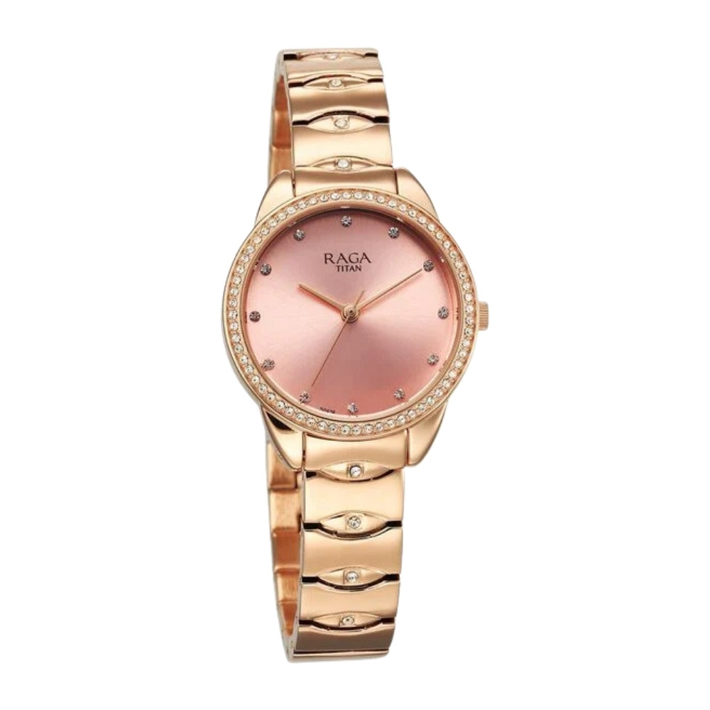 Titan Raga Showstopper Quartz Analog Pink Dial Metal Strap Watch for Women 95281WM01