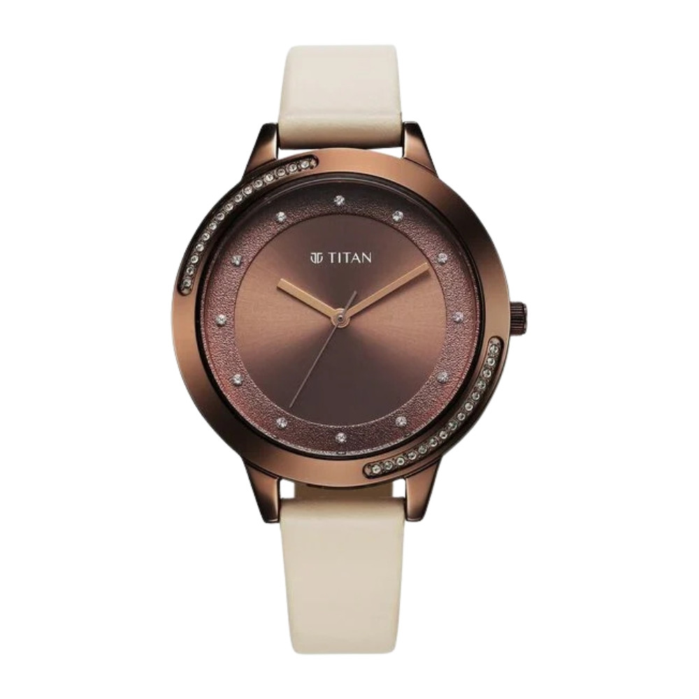 Titan Razzle Dazzle Quartz Analog Brown Dial Leather Strap Watch For Women 2764QL01