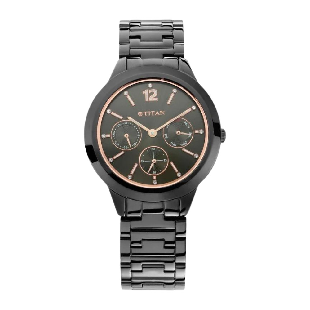 Titan Workwear Anthracite Dial Analog with Day and Date Stainless Steel Strap Watch for Women NR2588NM01