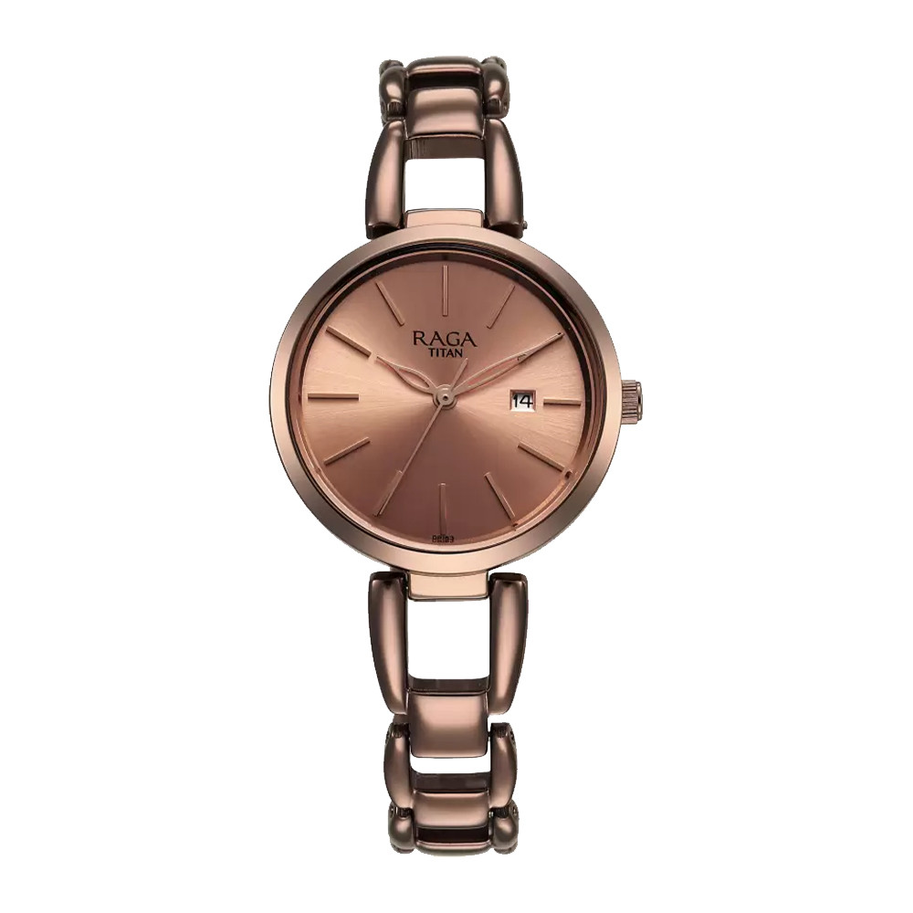 Titan Raga Viva Quartz Analog with Date Rose Gold Dial Brown Metal Strap Watch for Women 2642QM01