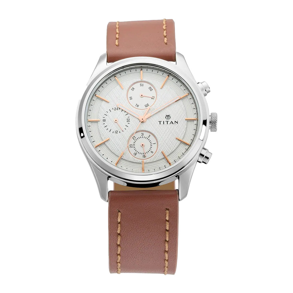 Titan Workwear Watch with Silver Dial & Brown Leather Strap NR1805SL01
