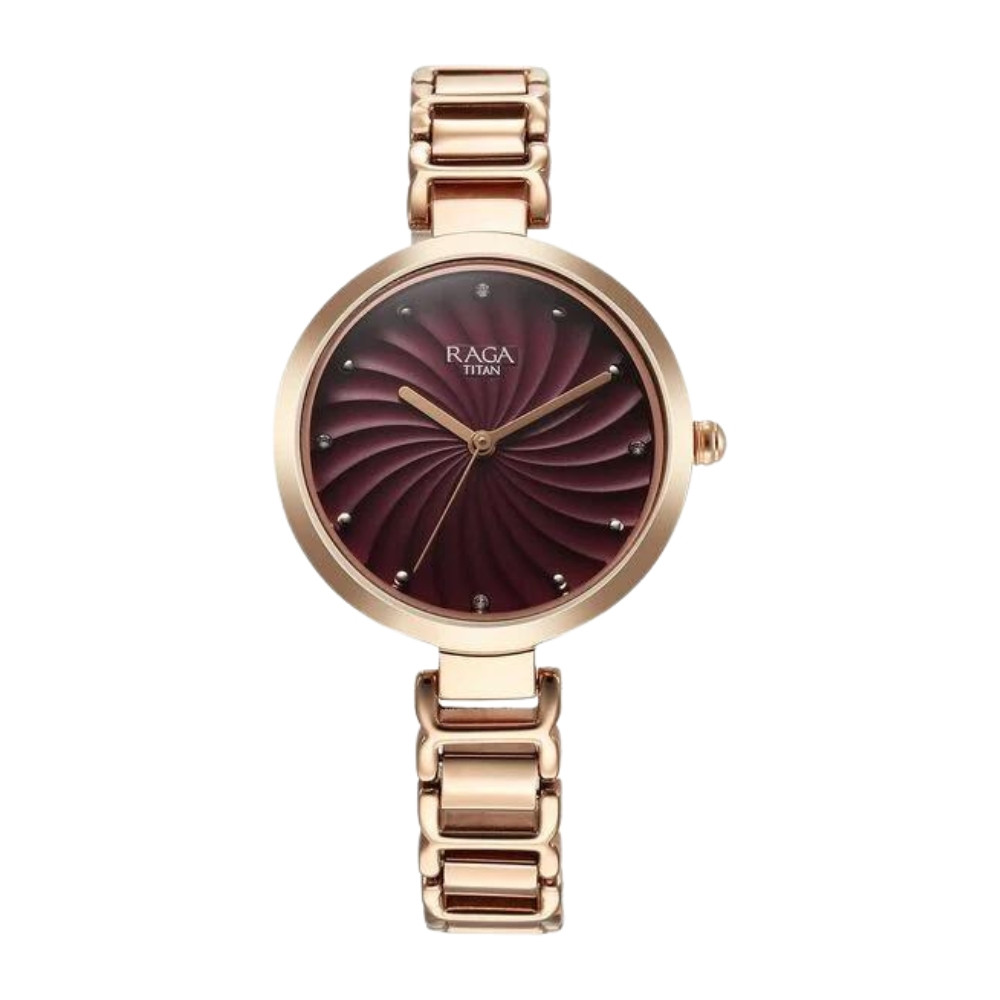 Titan Raga Memoirs Quartz Analog Burgundy Dial With Rose Gold Color Metal Strap Watch For Women 2752WM01