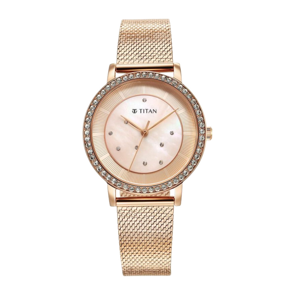 Titan Purple Style Up Quartz Analog Pink Dial Stainless Steel Strap Watch for Women 95236WM02