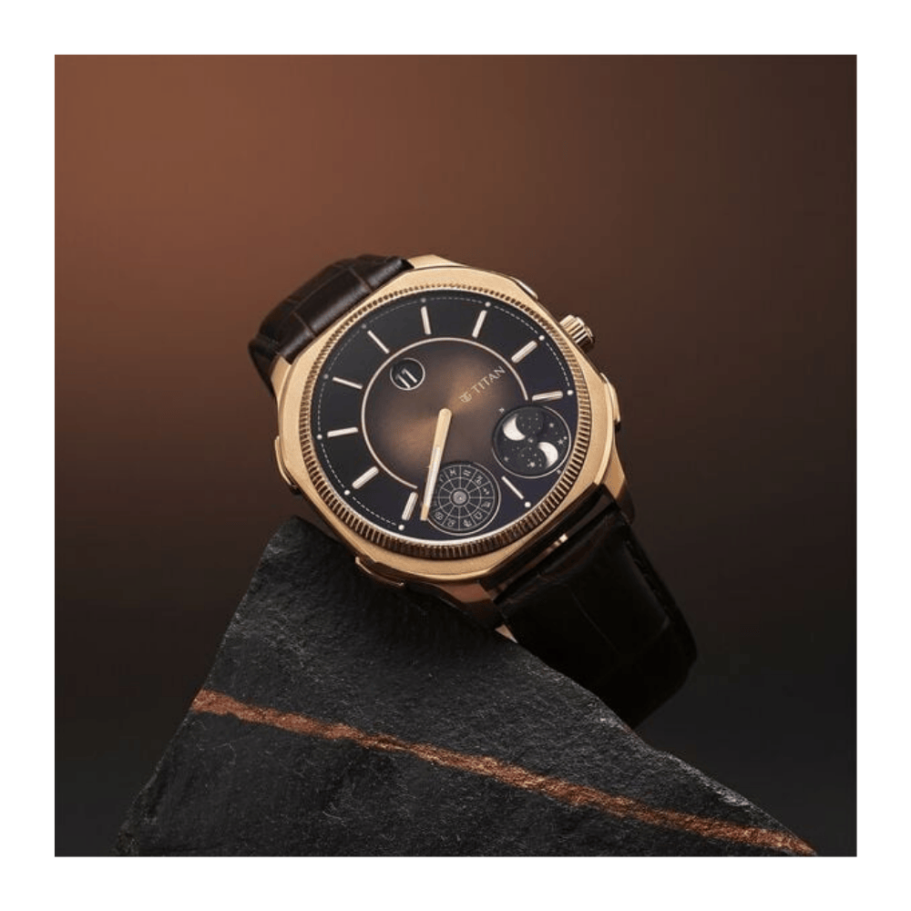 Titan Stellar Zodiac Analog with Dual Moonphase and Jumping Hour and Brown Dial Brown Leather Strap Watch for Men 10053QL01
