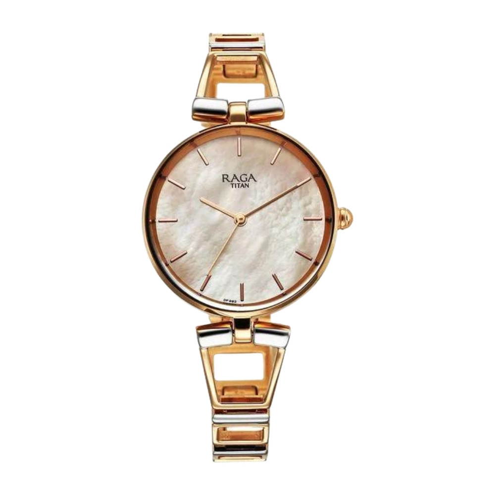 Titan Raga Ascend Quartz Analog Mother Of Pearl Dial With Two Toned Color Metal Strap Watch For Women 2747KM01