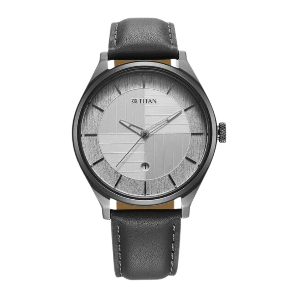 Titan Neo Economy Quartz Analog with Date Silver Dial Grey Leather Strap Watch For Men 1802QL01