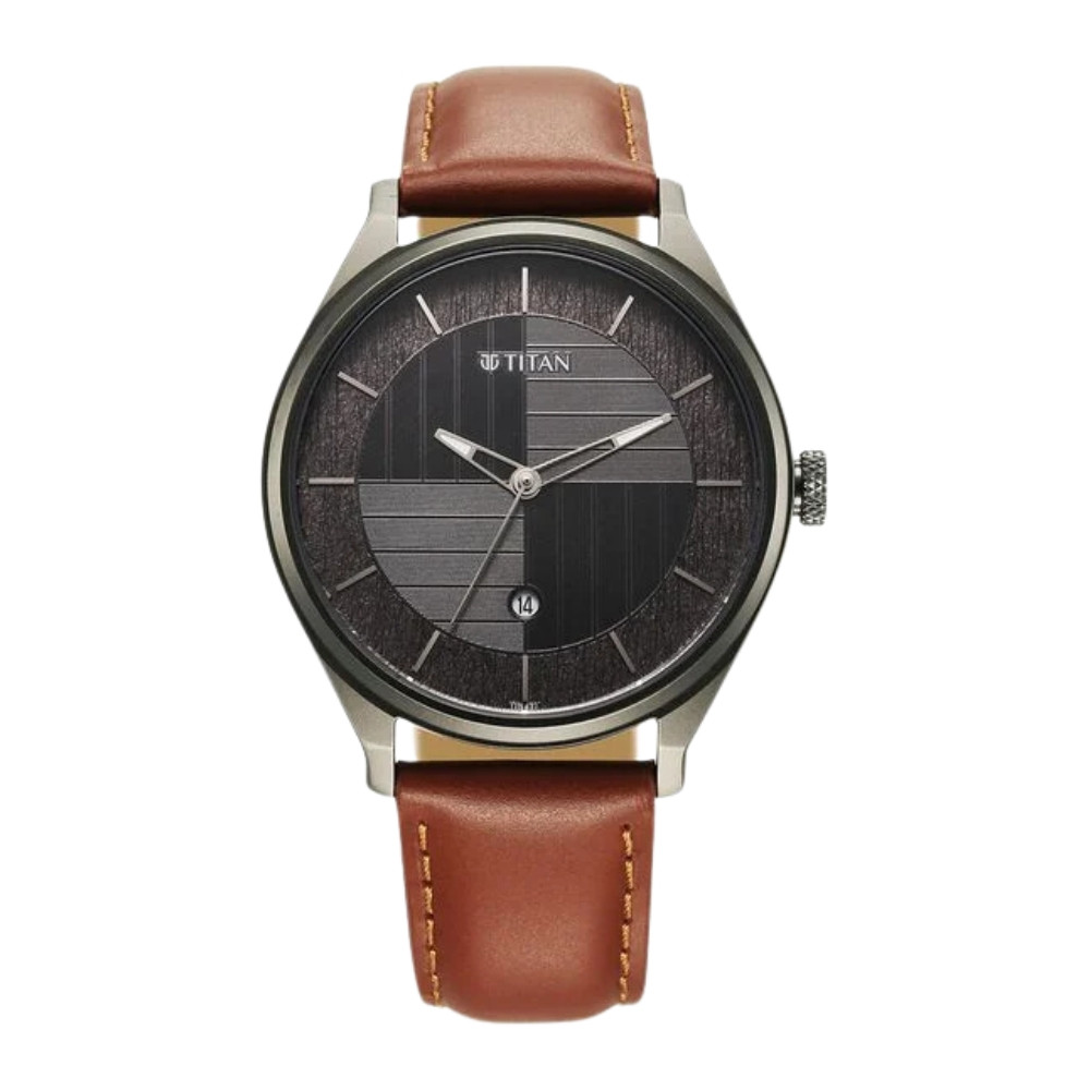 Titan Neo Economy Quartz Analog with Date Grey Dial Brown Leather Strap Watch For Men 1802QL03
