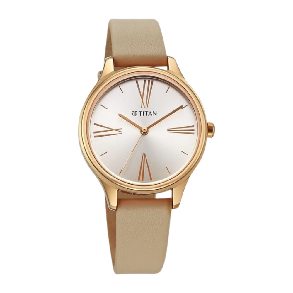 Titan Neo Quartz Analog Silver Dial Beige Leather Strap Watch For Women (2781WL03)