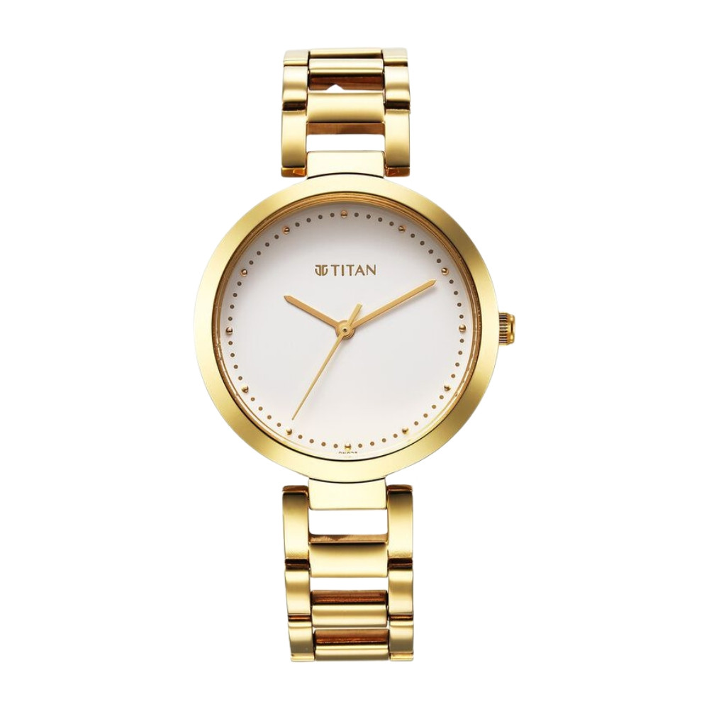 Titan Workwear Quartz Analog White Dial Golden Stainless Steel Strap Watch for Women 2480YM03