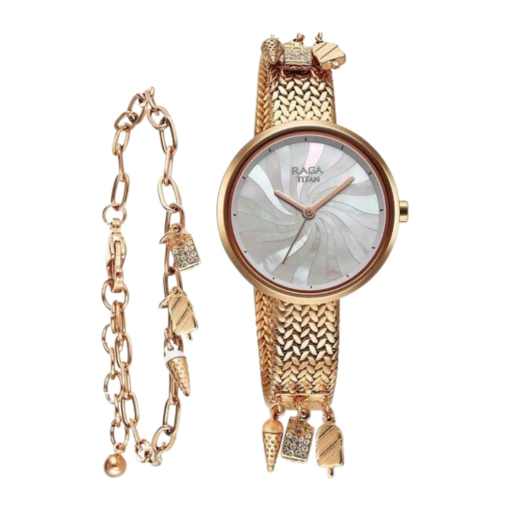 Titan Raga Memoirs Quartz Analog Mother Of Pearl Dial With Rose Gold Metal Strap Watch For Women 95253WM01F