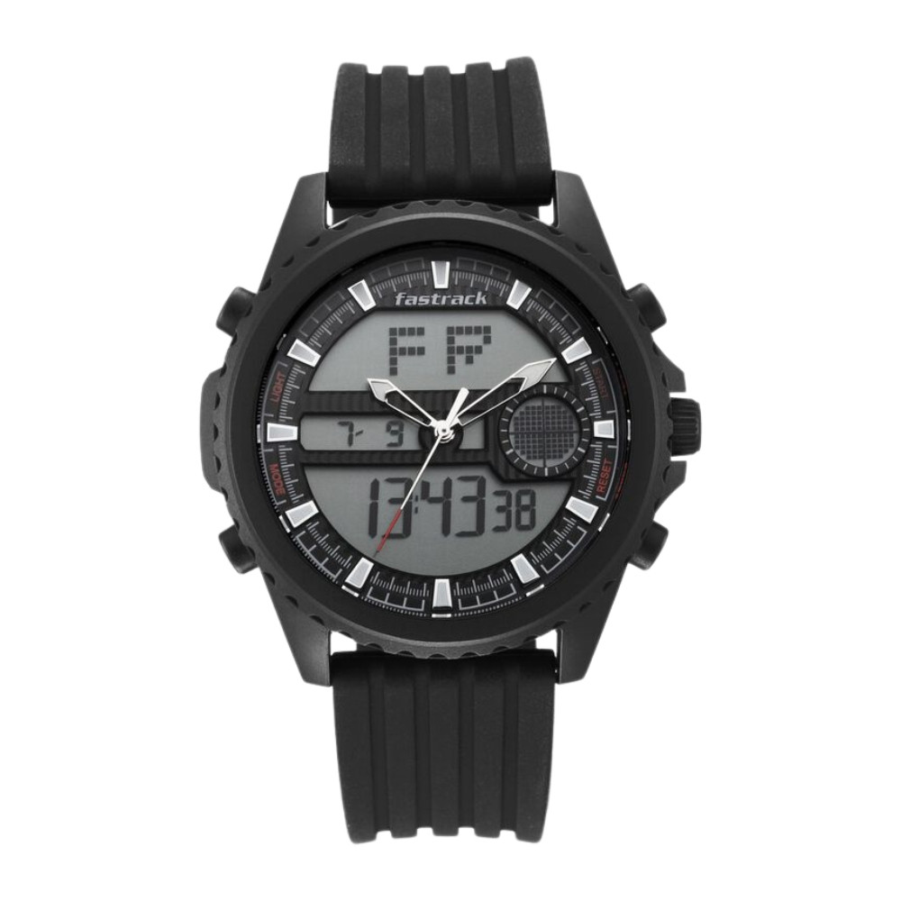 Fastrack Streetwear Quartz Analog Digital Black Dial PU Strap Watch for Guys NR38064PP01