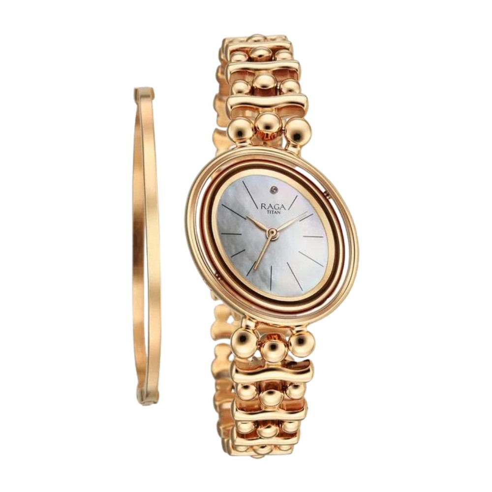 Titan Raga Glimmers Quartz Analog Mother of Pearl Dial Rose Gold Metal Strap Watch For Women 95202WM01F