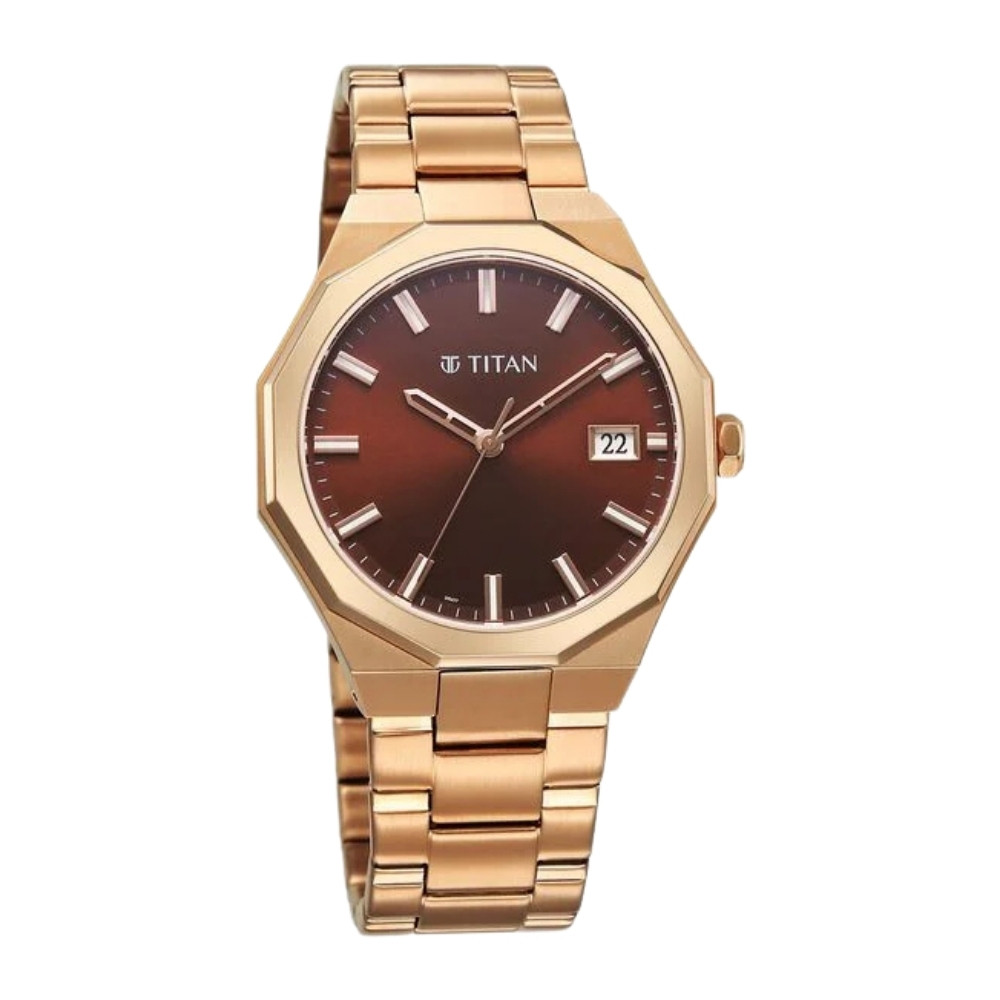 Titan Regalia Dodecagon Quartz Analog with Date Brown Dial Rose Gold Stainless Steel Strap Watch For Men (90212WM01)