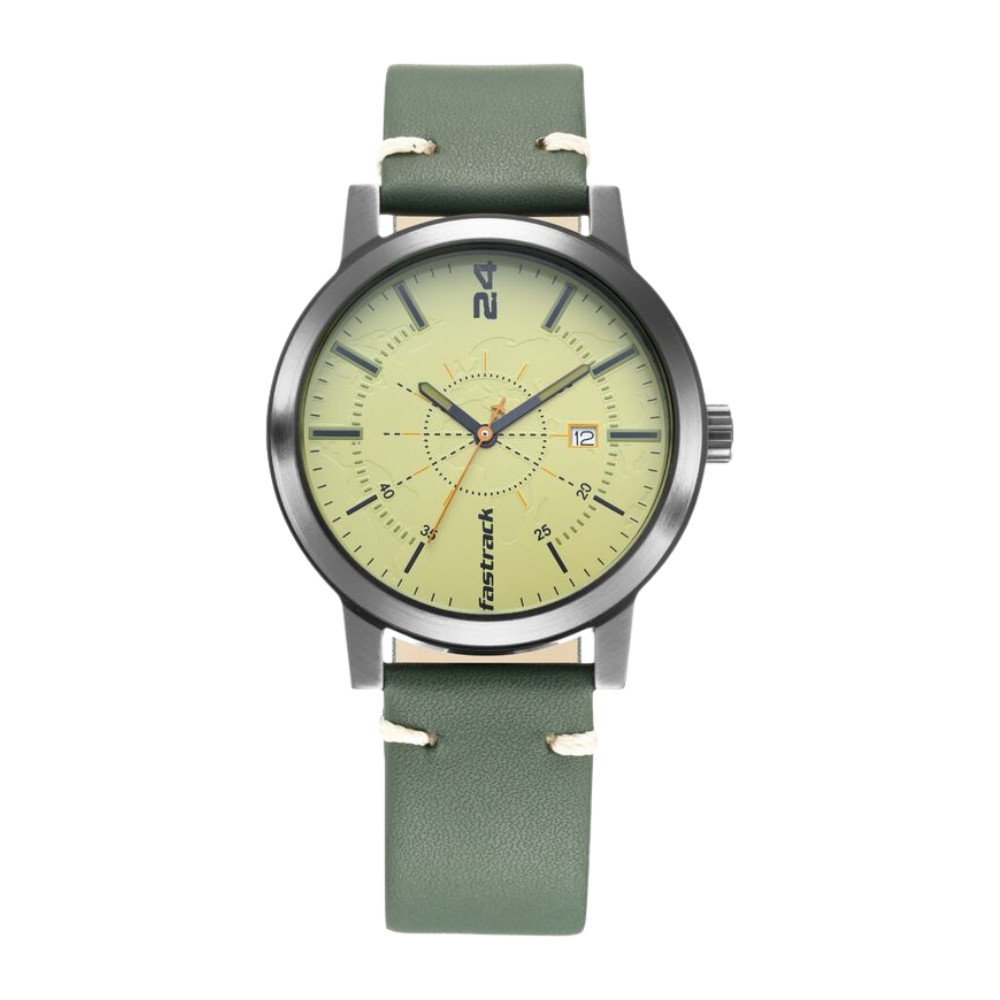 Fastrack Tripster Quartz Analog Green Dial Leather Strap Watch for Guys NP3245NL01