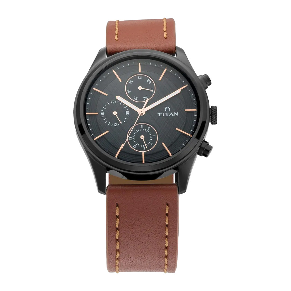 Titan Workwear Watch with Black Dial & Brown Leather Strap NR1805NL01