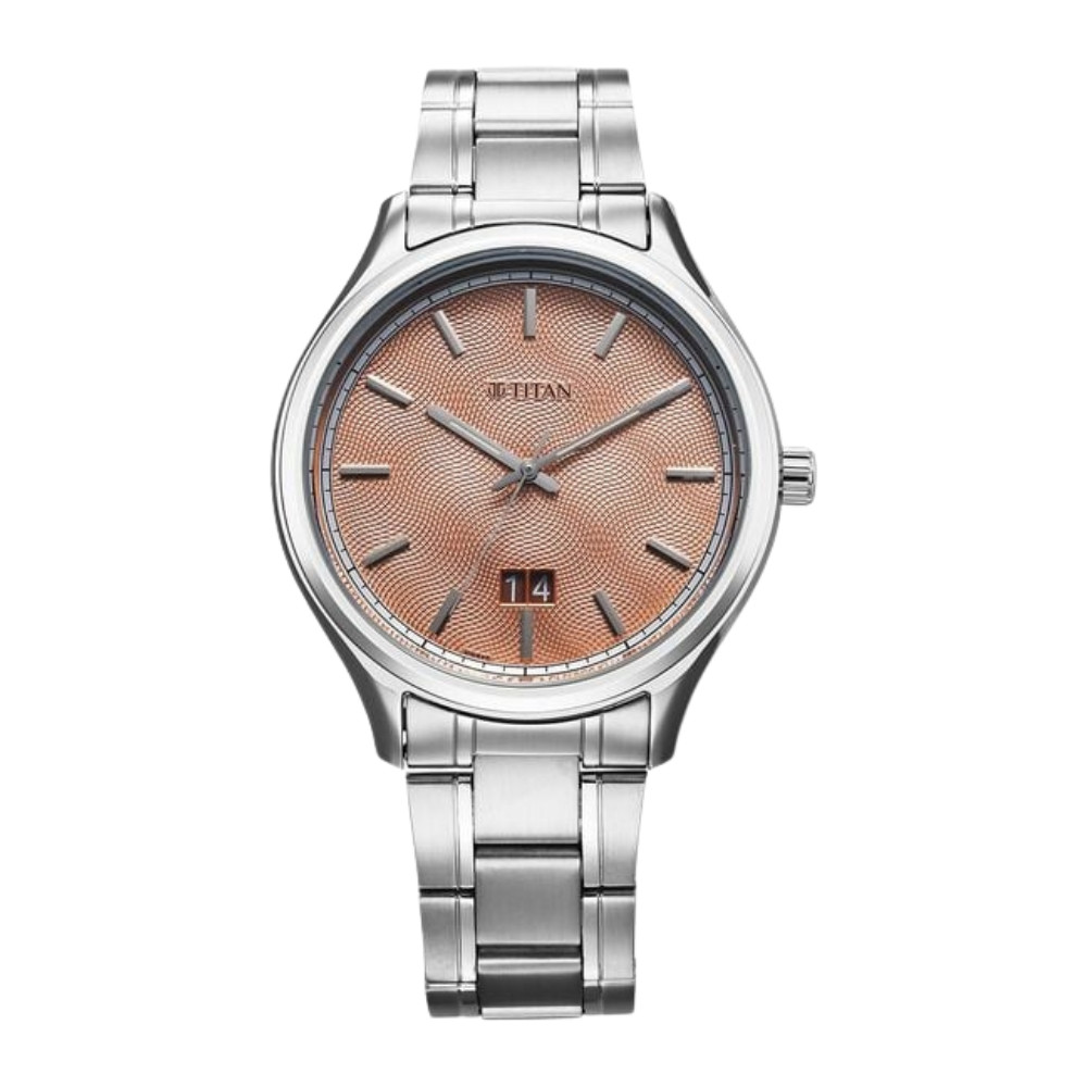 Titan Palette Of Time Quartz Analog with Date Orange Dial Stainless Steel Strap Watch For Men 10033SM04