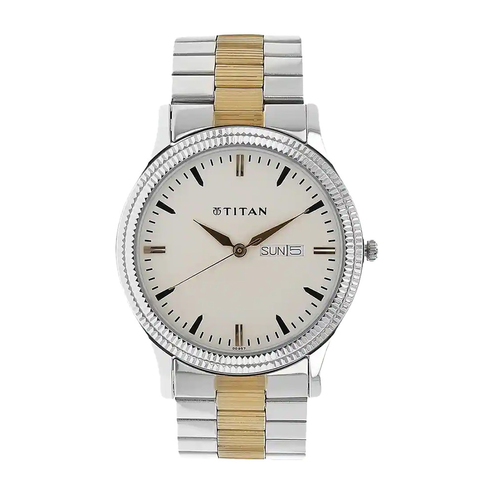 Titan Metal White Dial Analog with Day and Date Stainless Steel Strap Watch for Men NN1650BM01