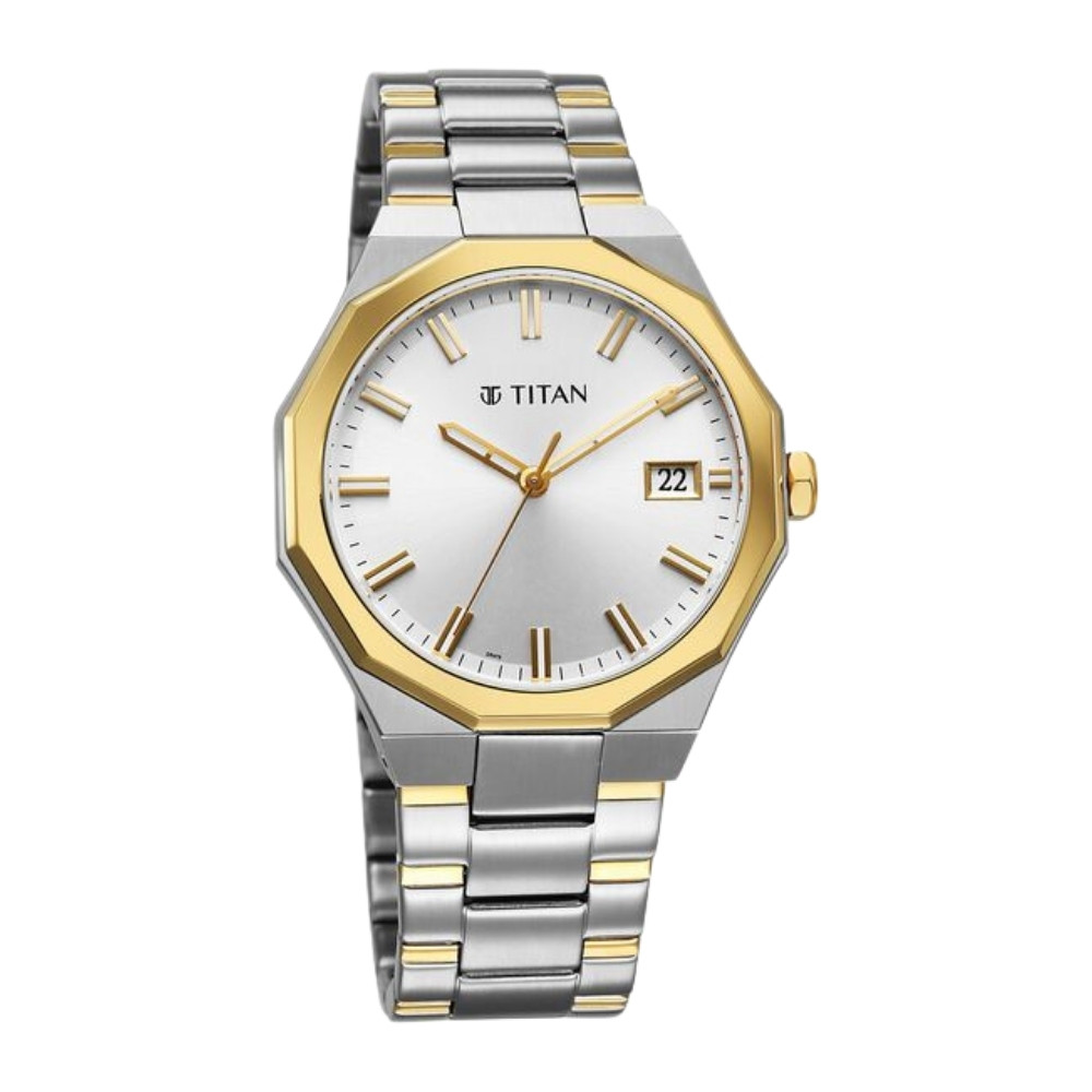 Titan Regalia Dodecagon Quartz Analog with Date Silver Dial Two Toned Stainless Steel Strap Watch For Men (90212BM01)
