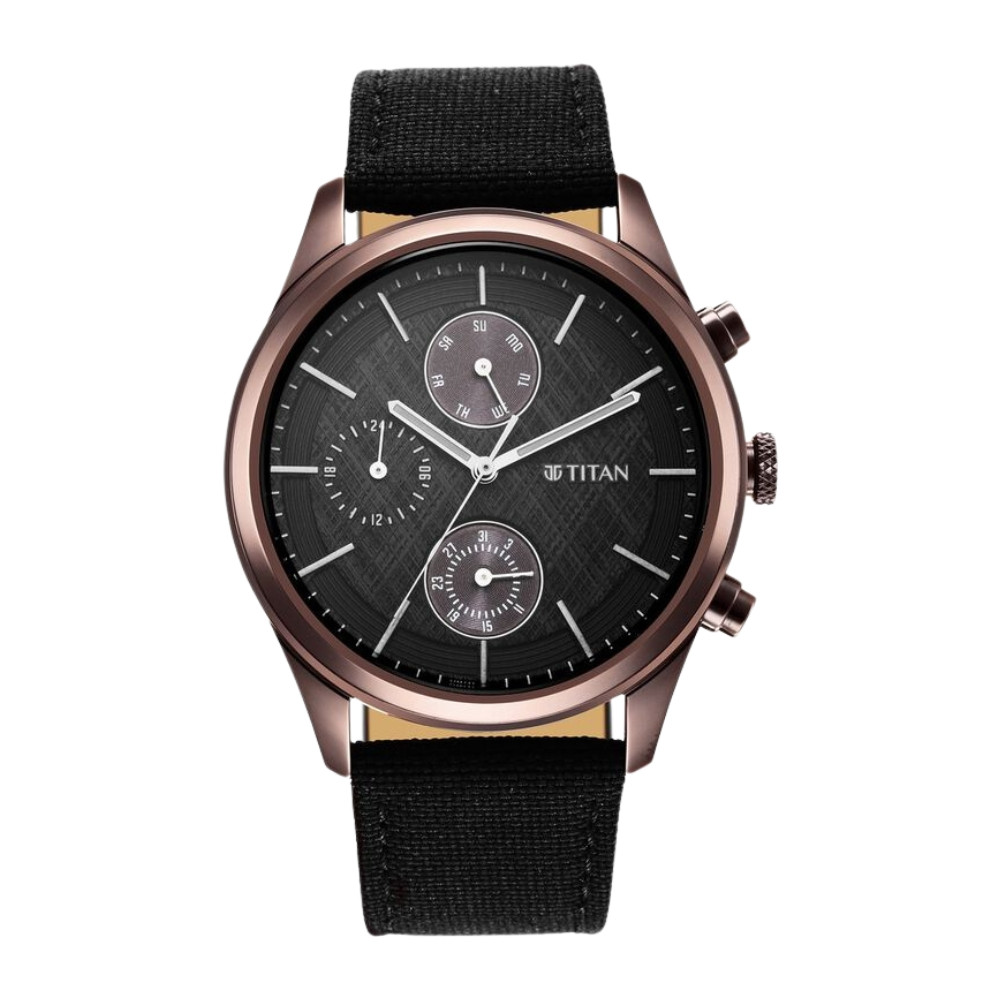 Titan Men's Infinity Chrono watch: Precise Blue Dial, Rose Gold Highlights, Durable Leather Strap NR1805QP01