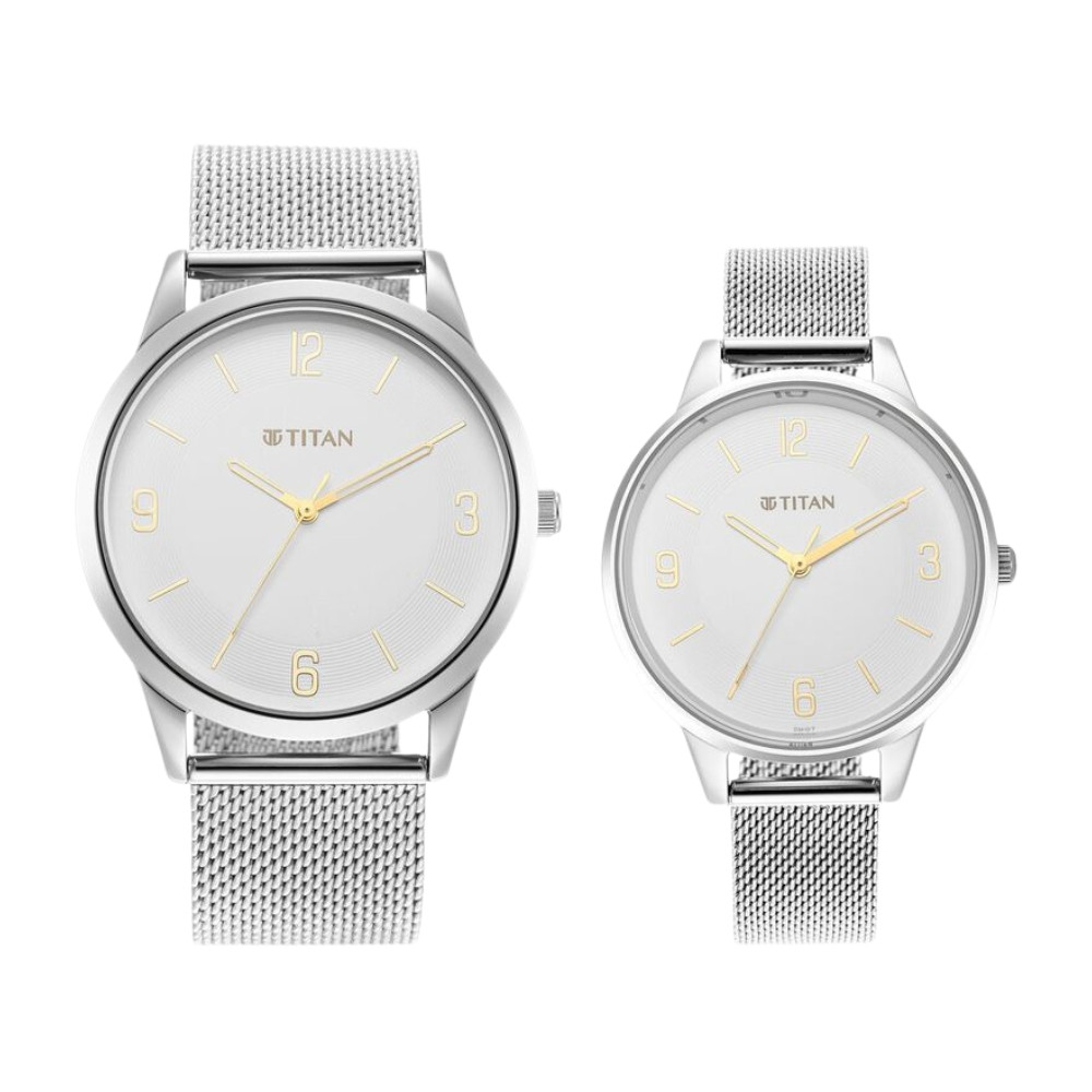 Titan Quartz Analog White Dial Stainless Steel Strap Watch for Couple NR18062648SM01P